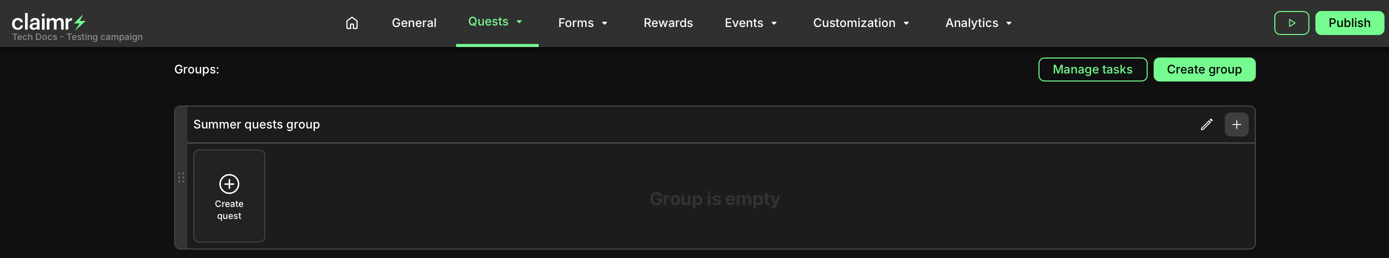 Groups dashboard showing a newly created, empty group