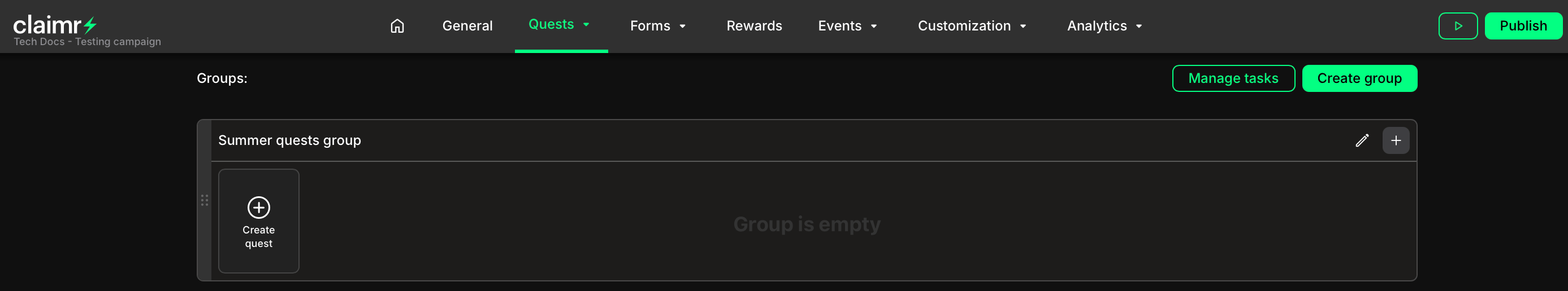Groups dashboard showing a newly created, empty group