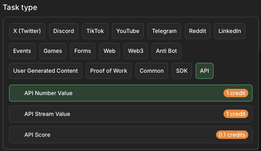 API task type selection