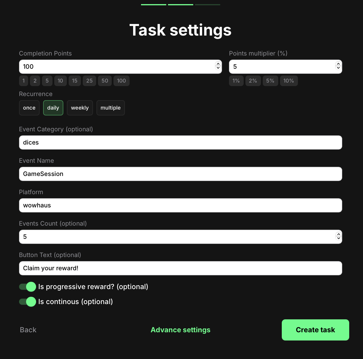 Custom Events Count task settings