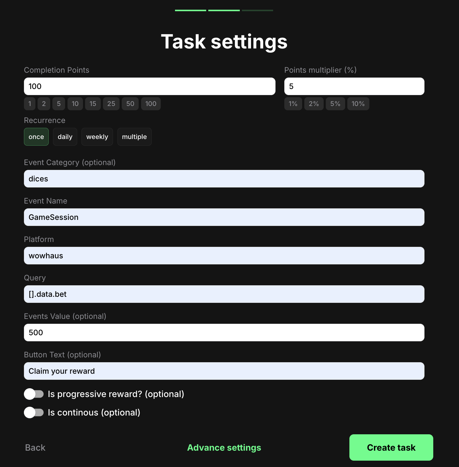 Custom Events Value task settings