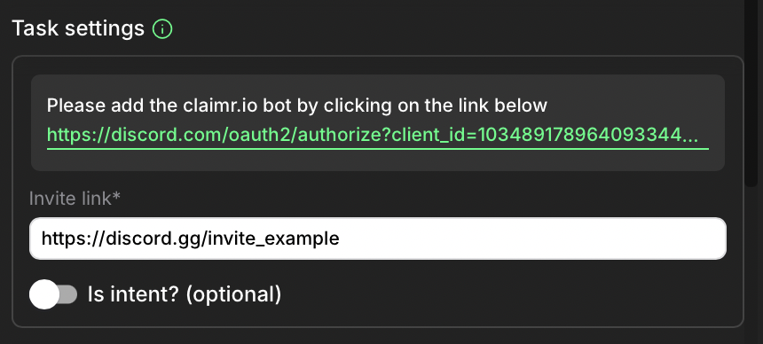Join a Discord server task settings
