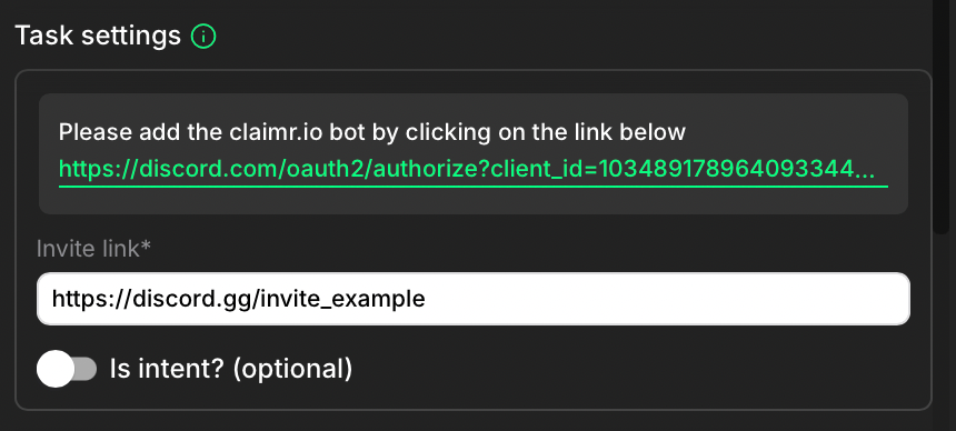 Join a Discord server task settings