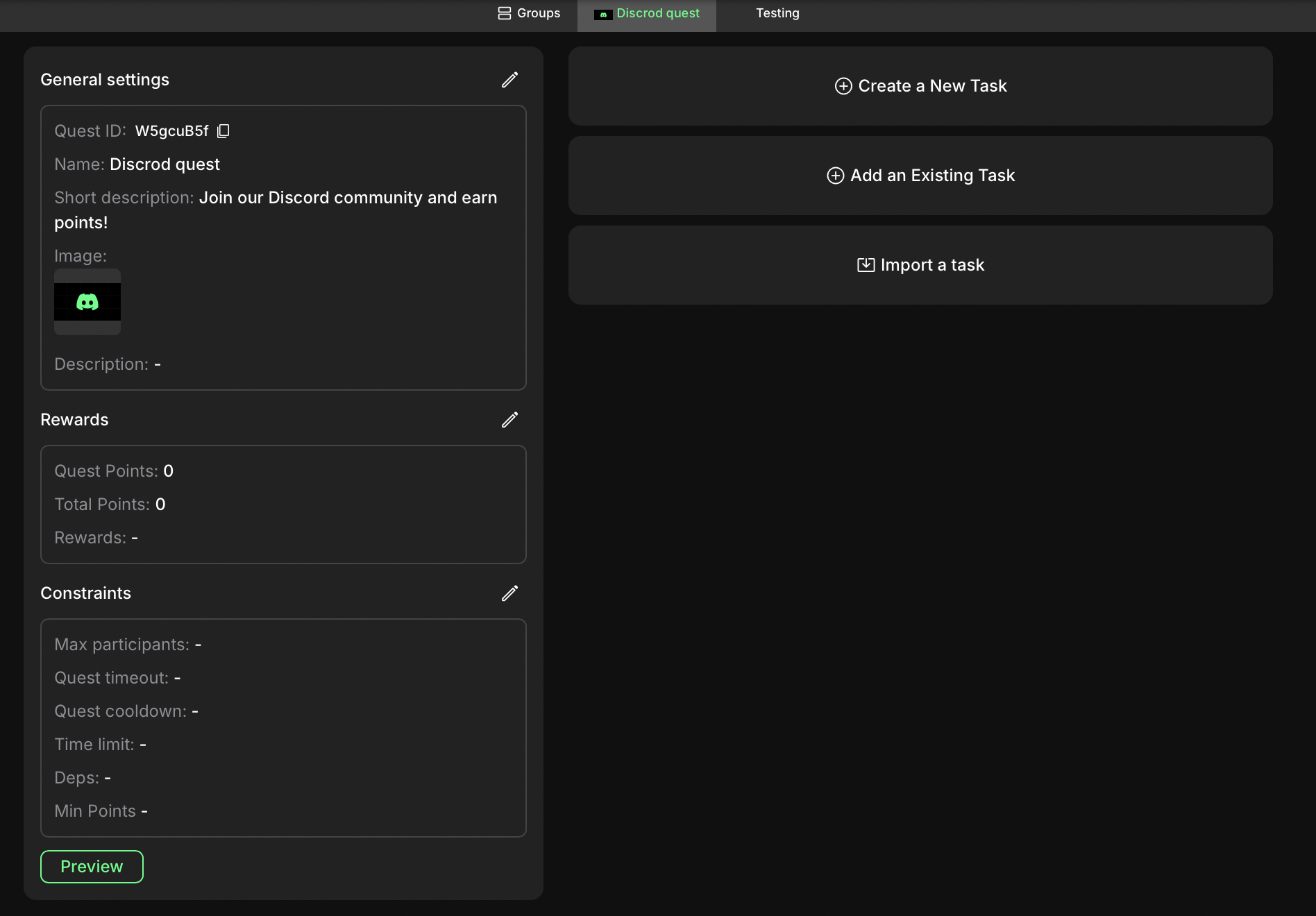 Quest settings page