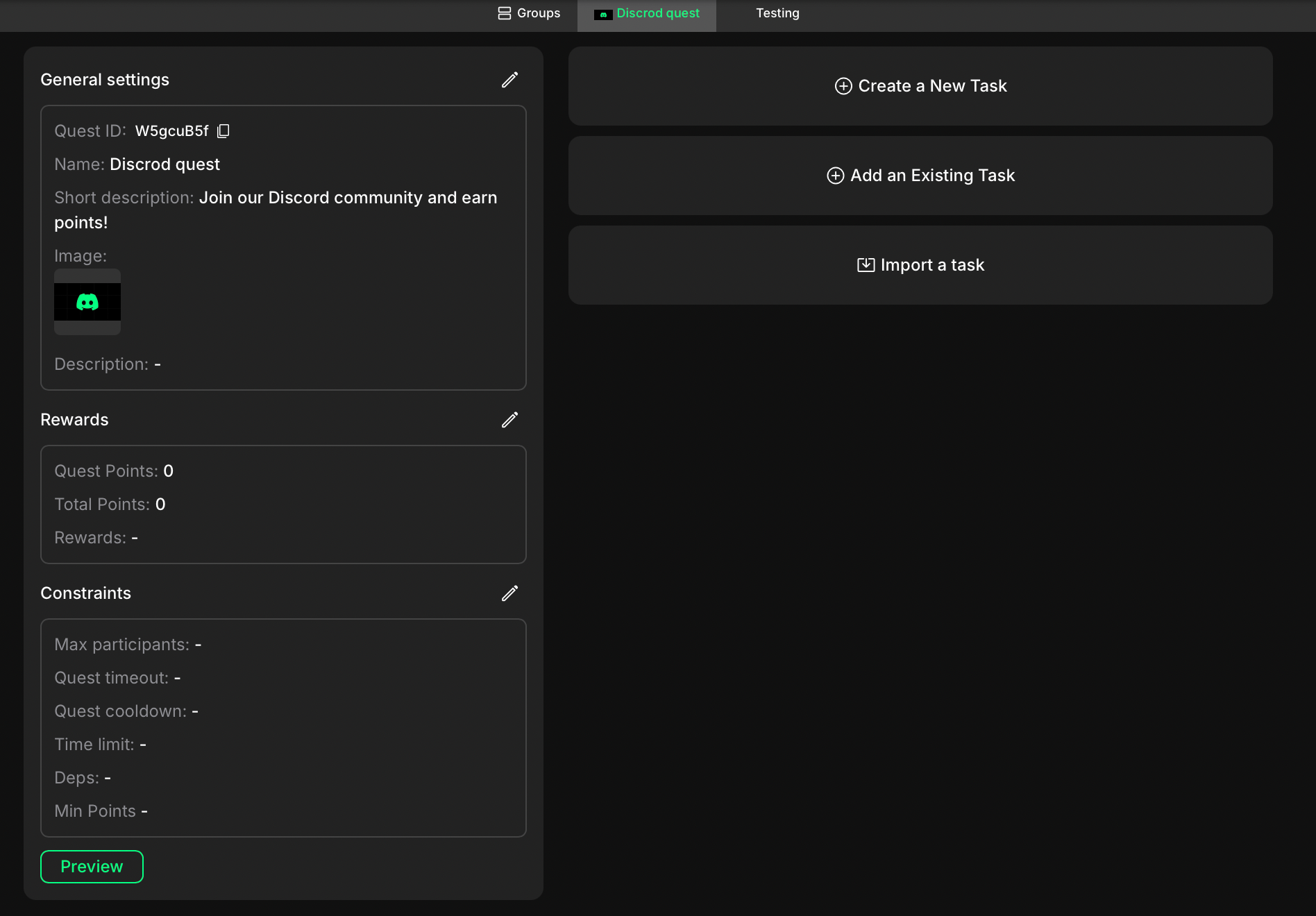 Quest settings page