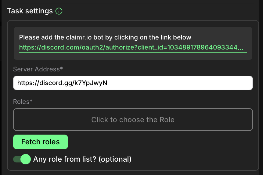 Verify Discord roles task settings