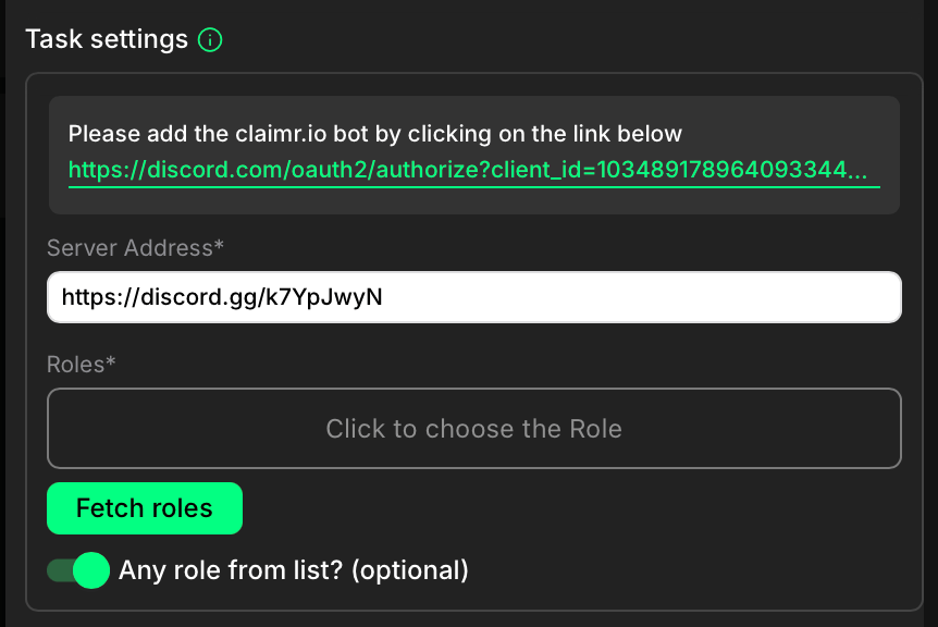 Verify Discord roles task settings