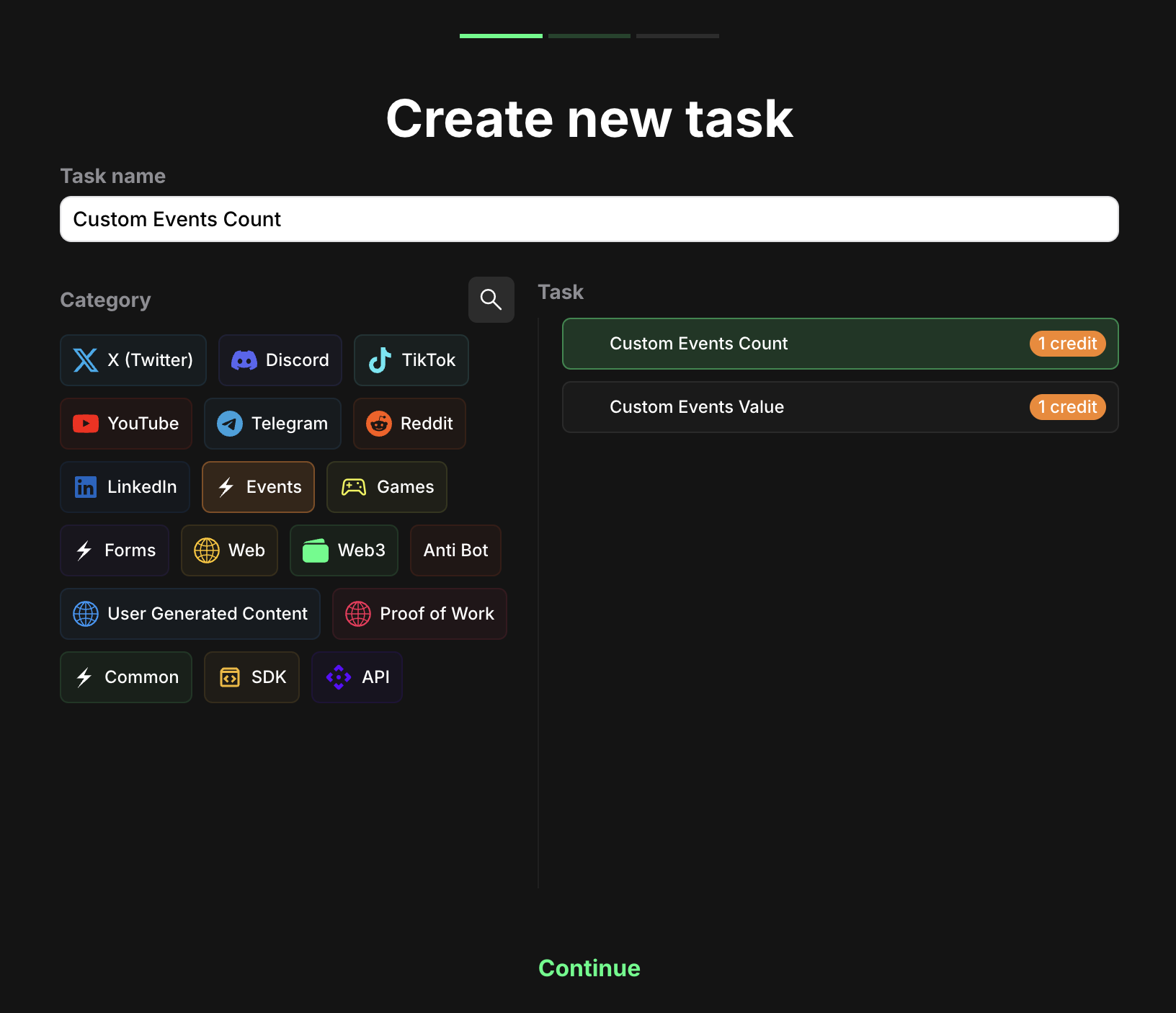 Events task type selection