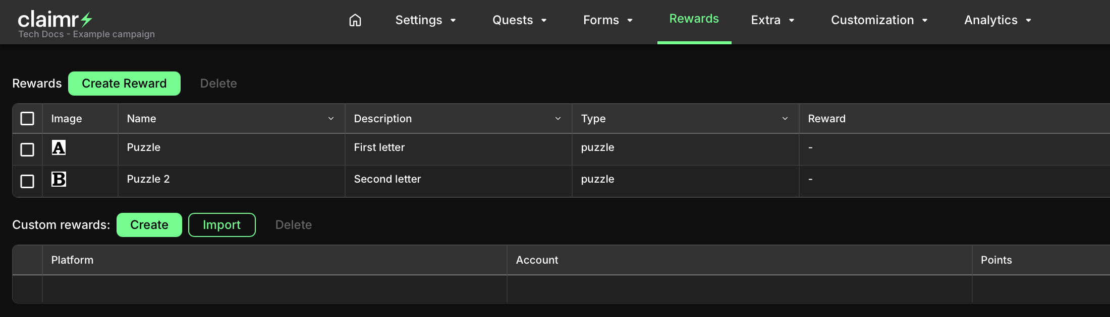 Rewards dashboard with puzzle pieces