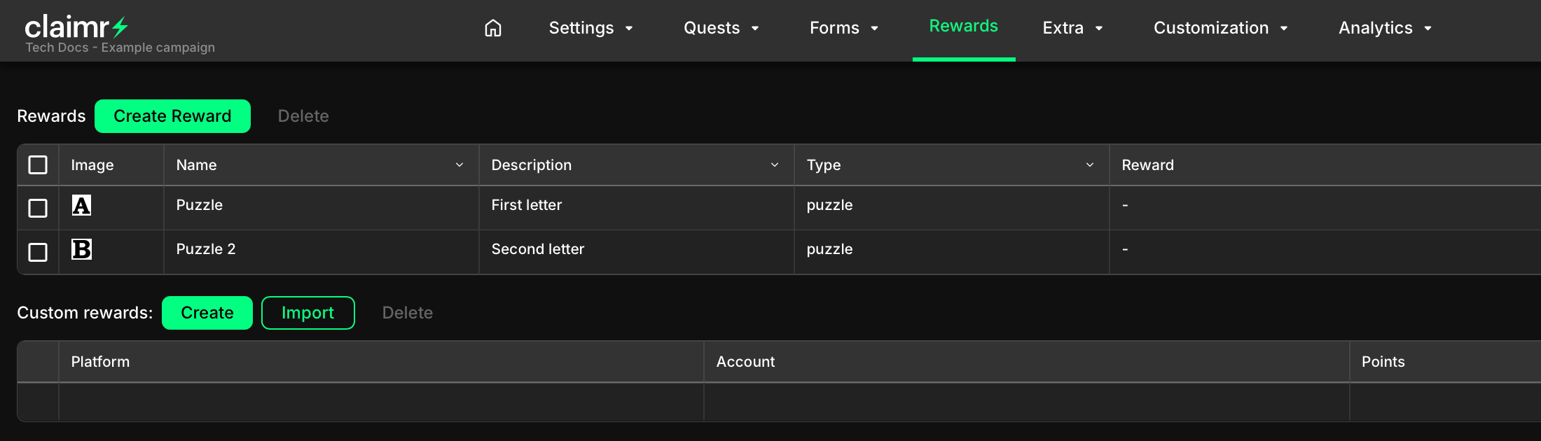 Rewards dashboard with puzzle pieces