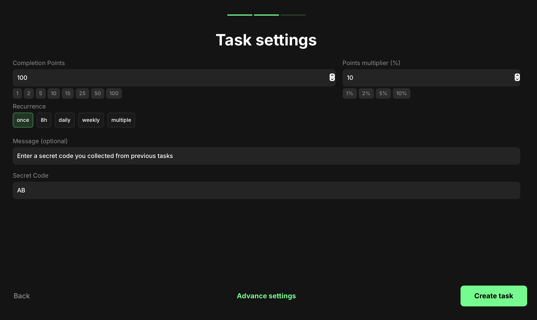 Secret code task type selection