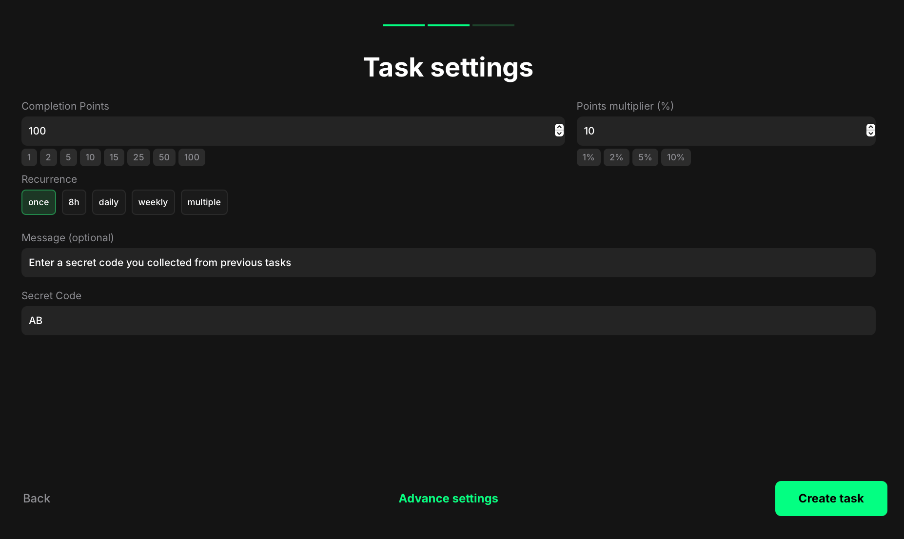 Secret code task type selection