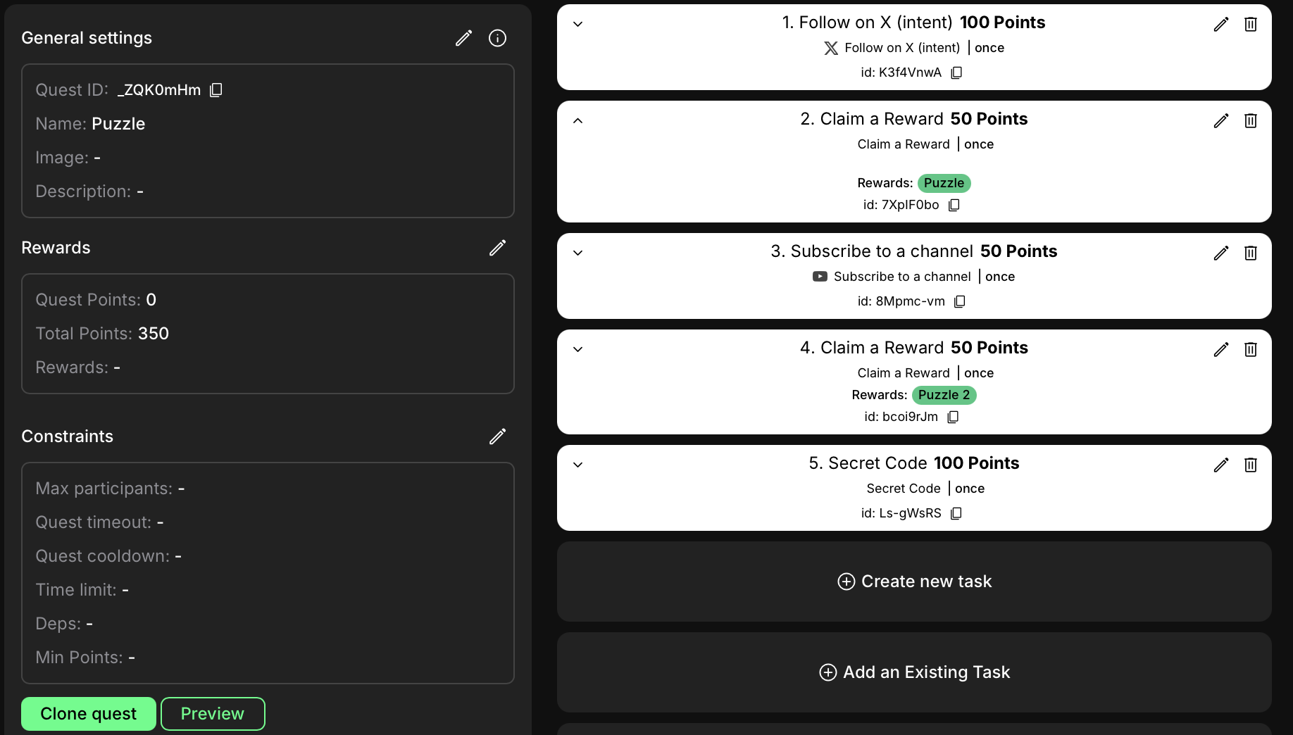 Full list of tasks in the campaign
