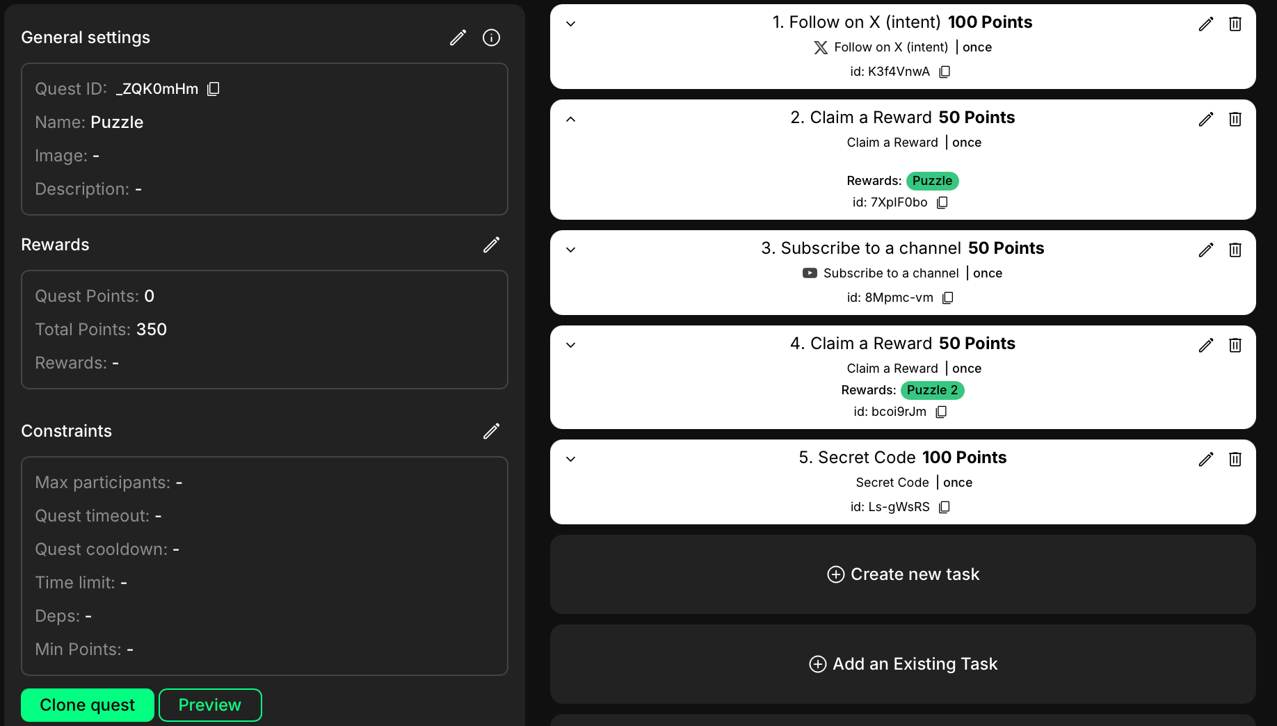 Full list of tasks in the campaign