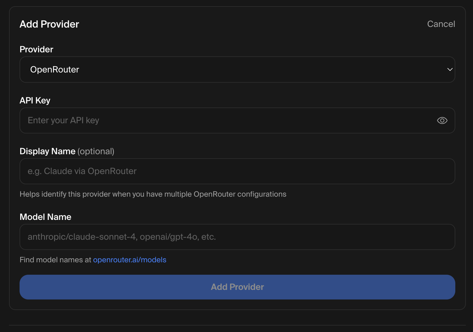 Provider type dropdown