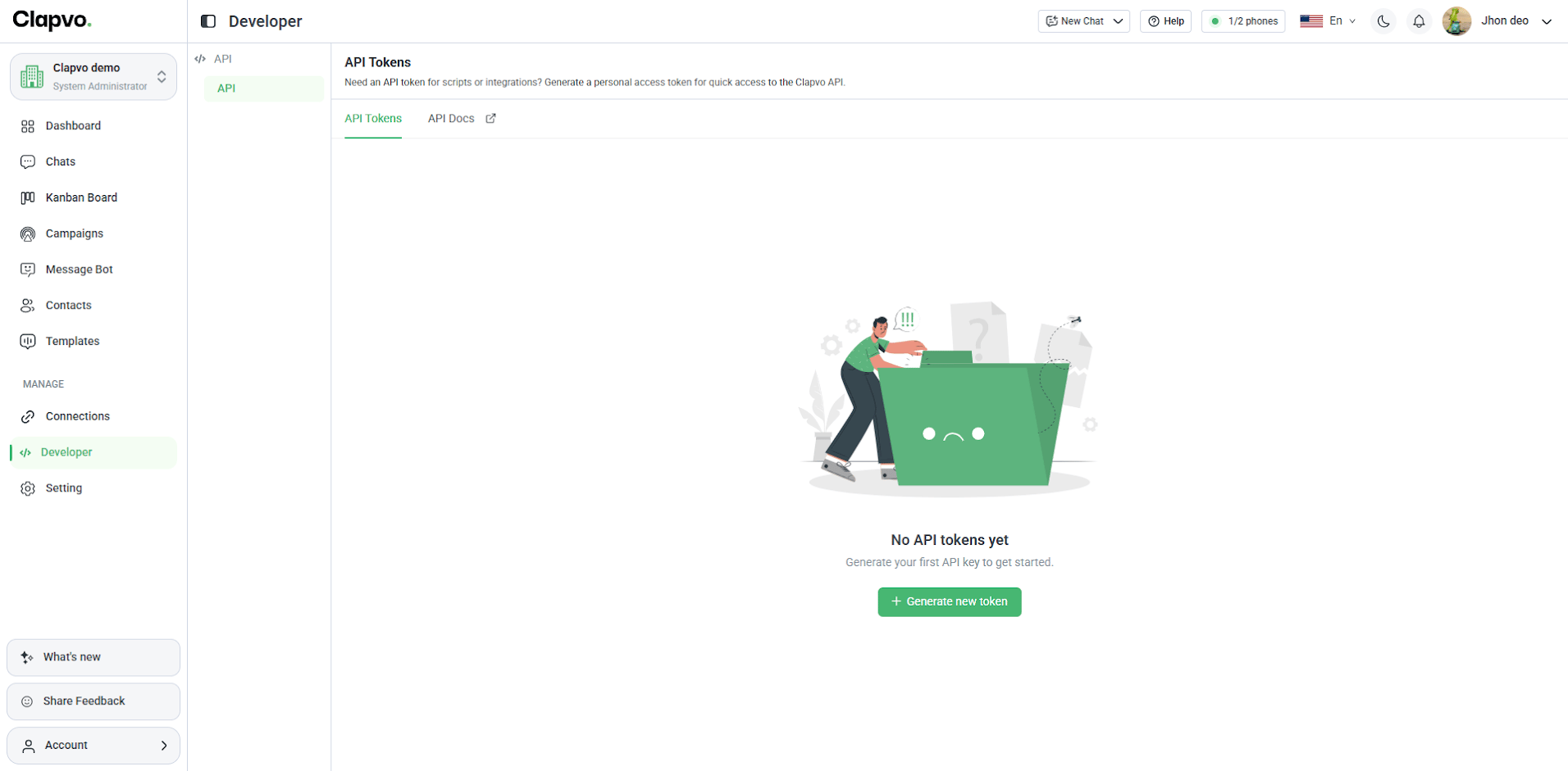Empty API Tokens tab in the Developer section