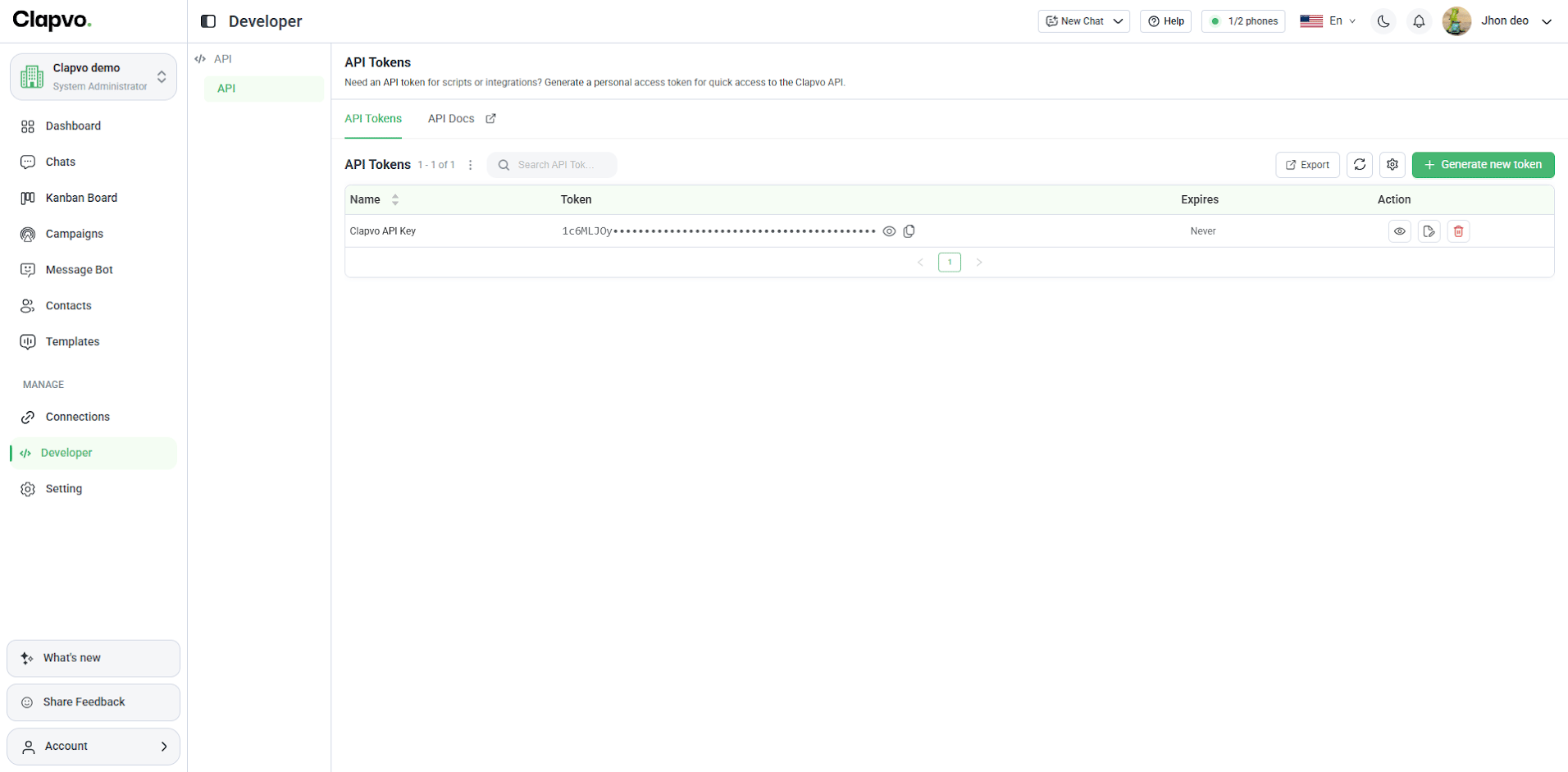 API Tokens list showing a generated token