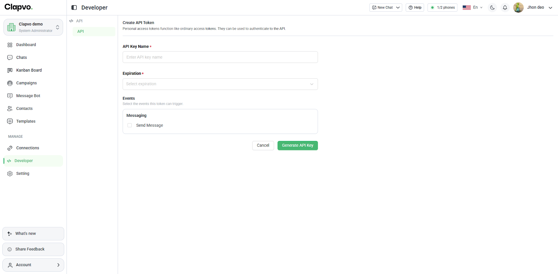 Create API Token form with the Send Message event selected