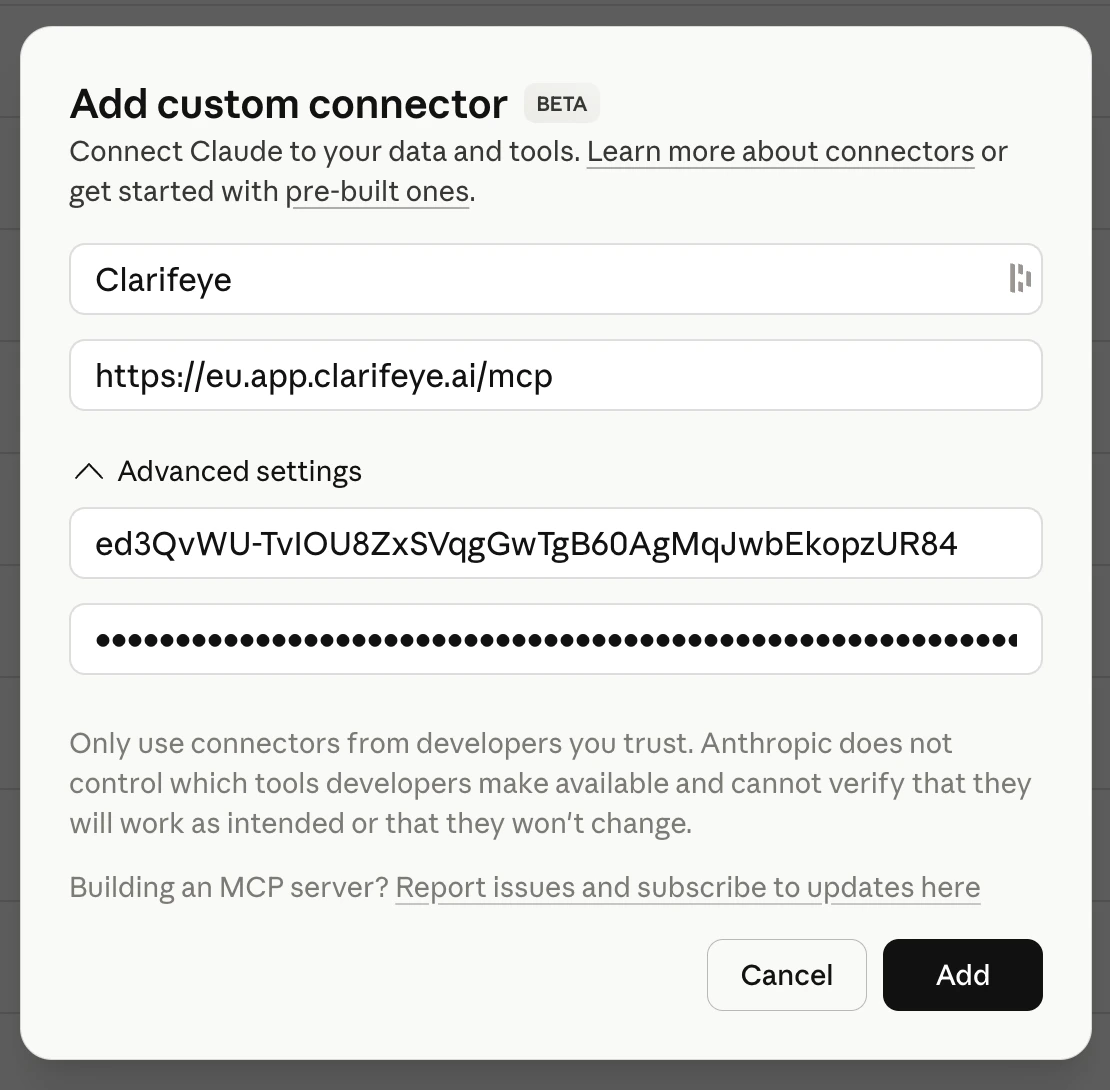 Claude.ai Add custom connector dialog showing Clarifeye configuration with name, URL, and advanced settings for Client ID and Client Secret