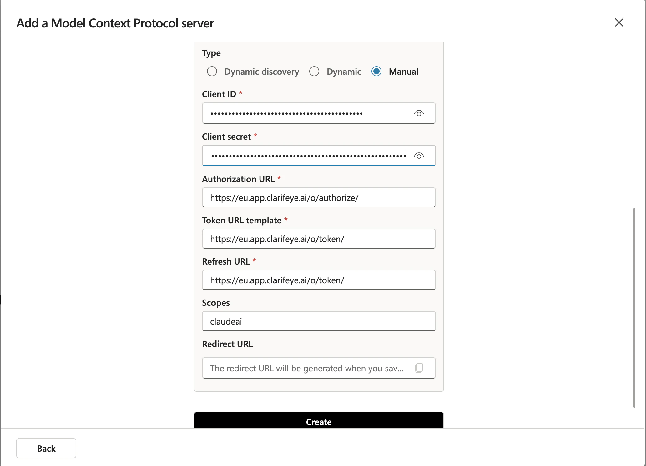 Microsoft Copilot MCP server OAuth 2.0 configuration showing Client ID, Client Secret, Authorization URL, Token URL, Refresh URL, and Scopes fields