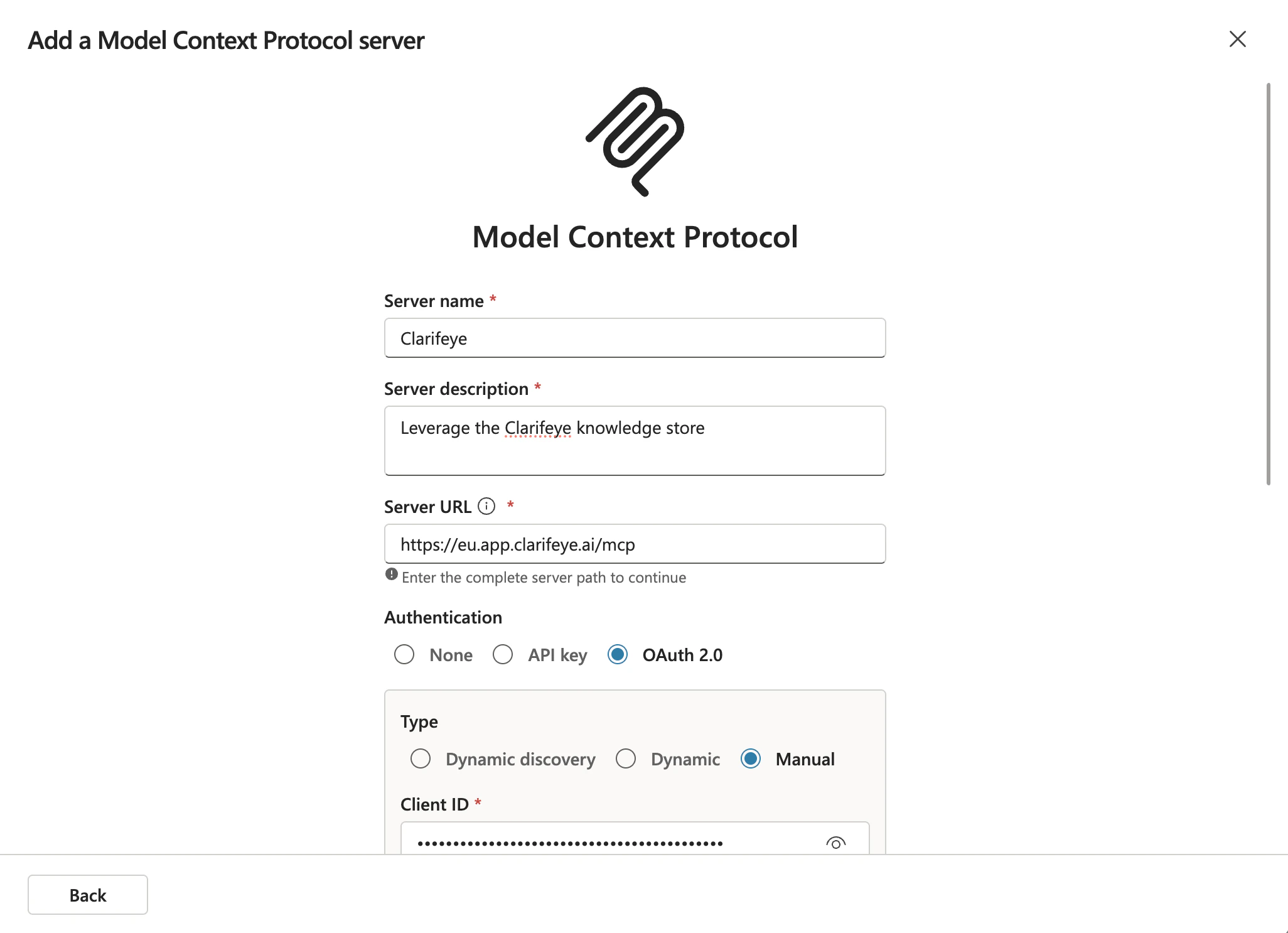 Microsoft Copilot Add MCP server dialog showing server name, description, URL, and OAuth 2.0 authentication selection