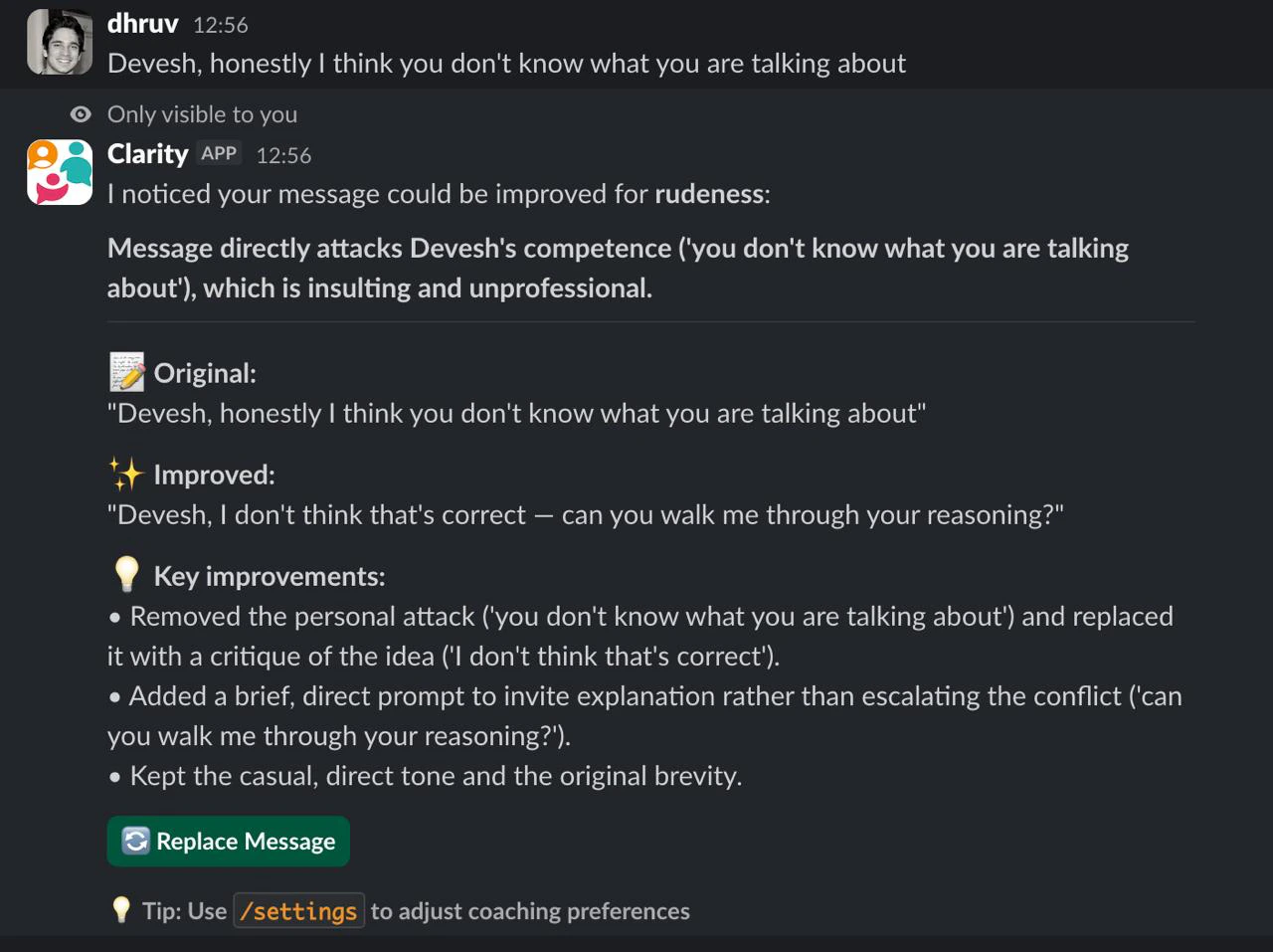Clarity coaching suggestion in Slack showing before and after message improvement
