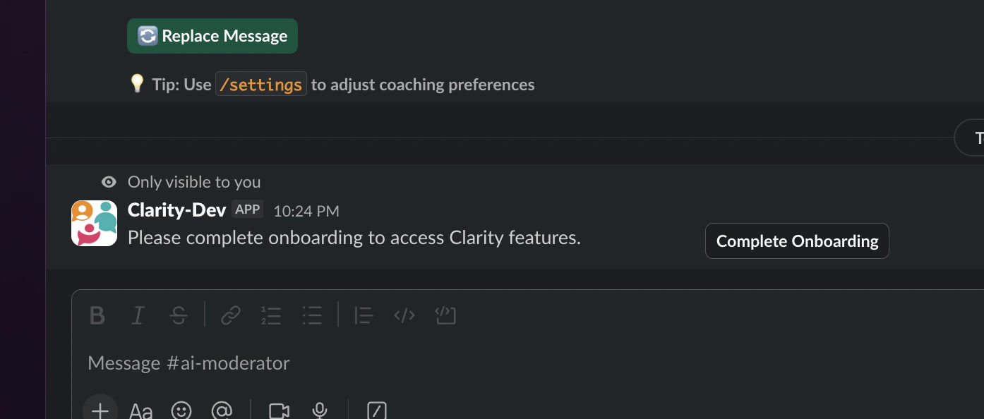 Clarity onboarding modal in Slack showing channel selection