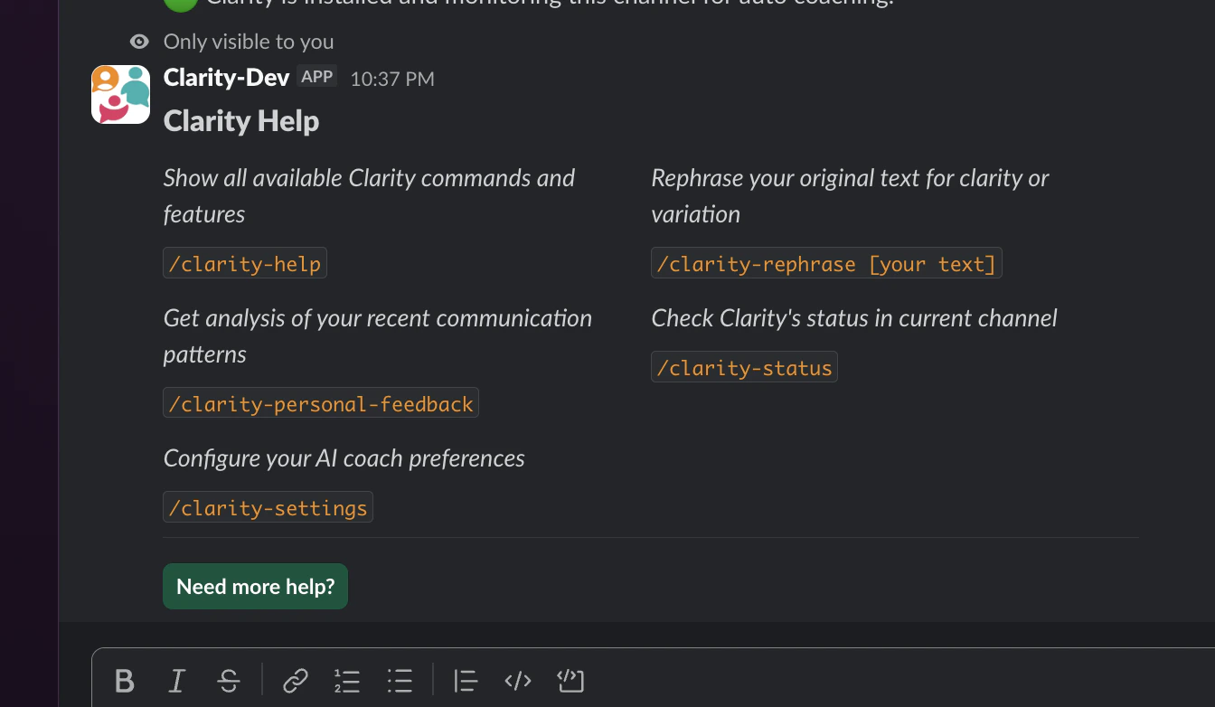 Clarity help command output showing all available slash commands