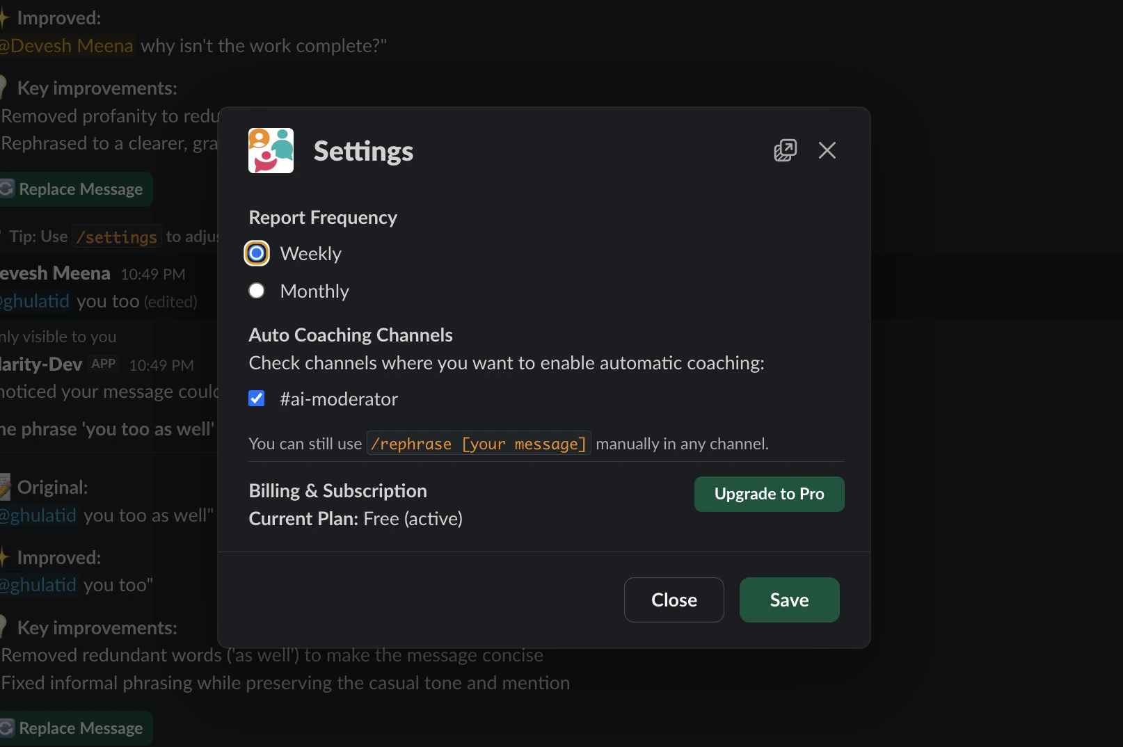 Clarity settings modal showing coaching flags and channel selection