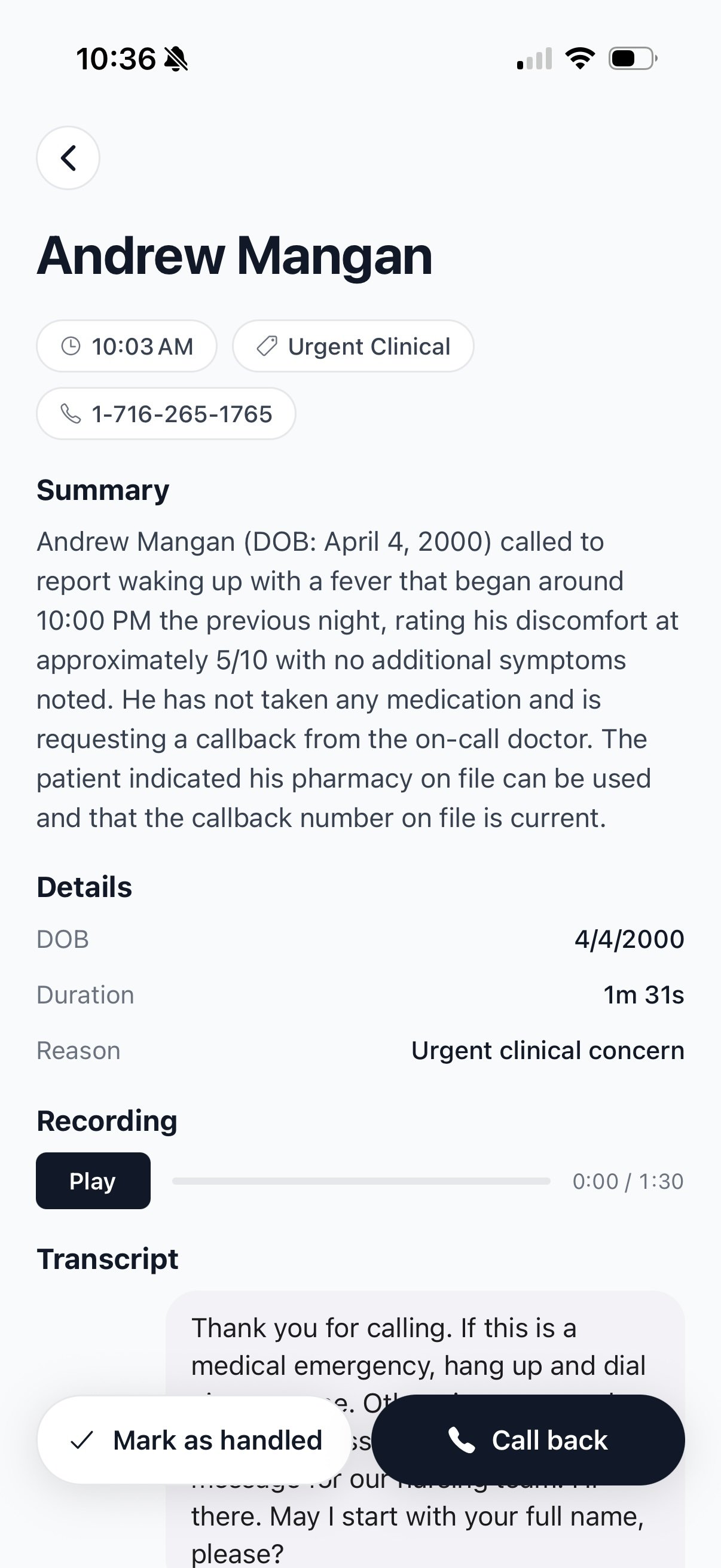 Call detail screen showing summary, patient details, recording player, and transcript