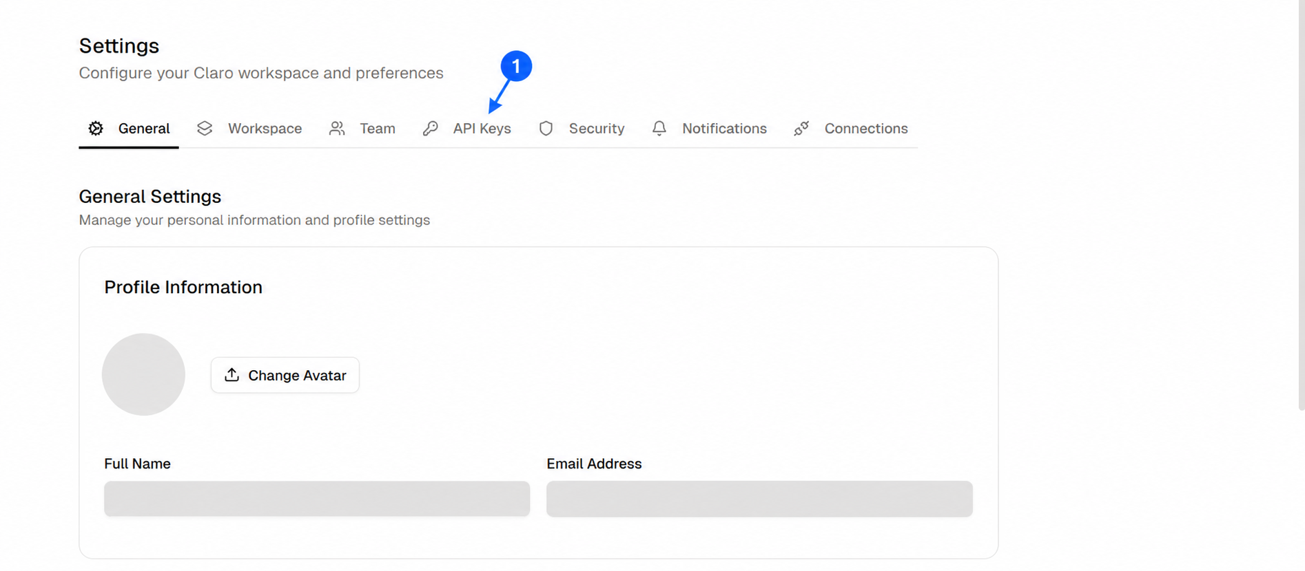 Claro Settings page with an arrow pointing to the API Keys tab