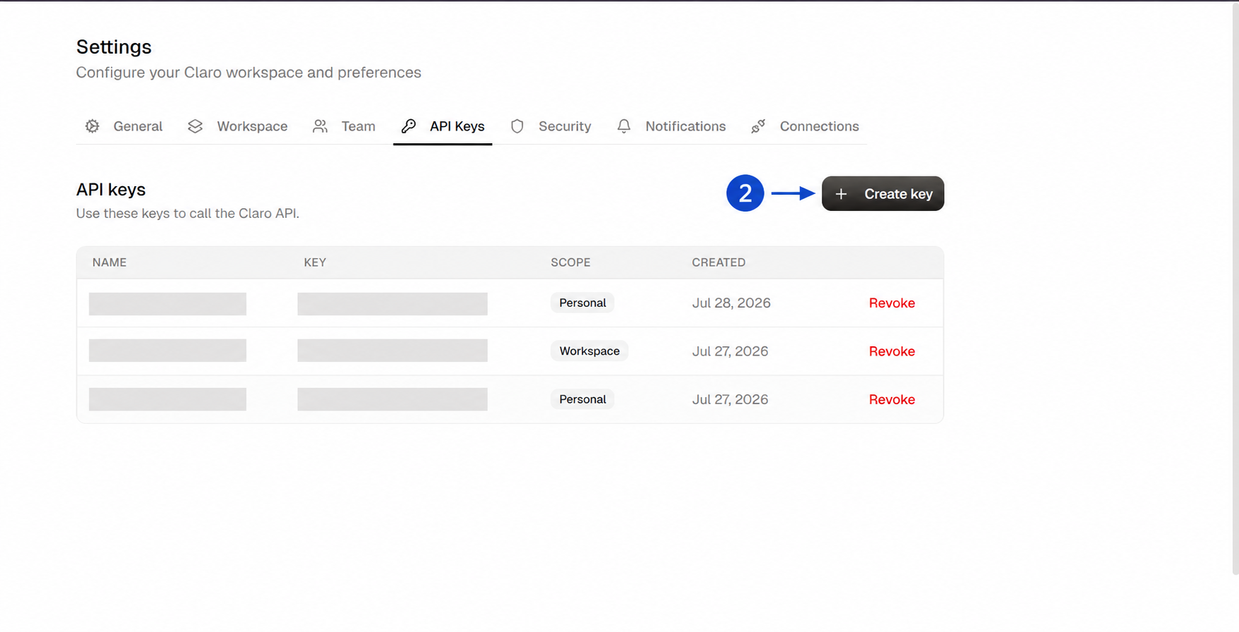 Claro API keys page with an arrow pointing to Create key