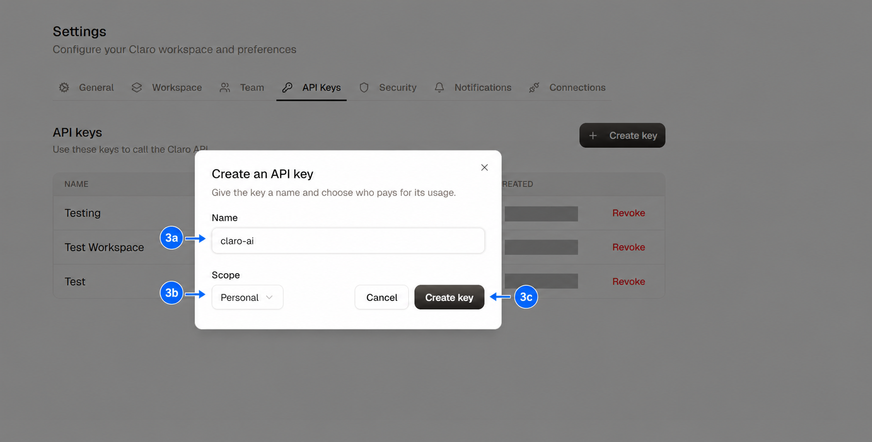 Create an API key dialog highlighting the name, scope, and Create key controls