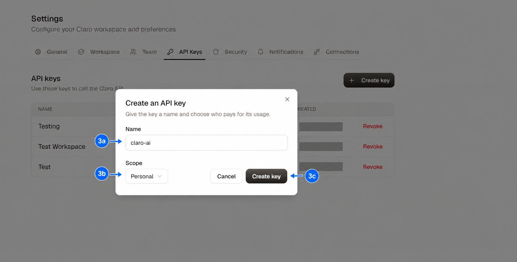 Create an API key dialog highlighting the name, scope, and Create key controls