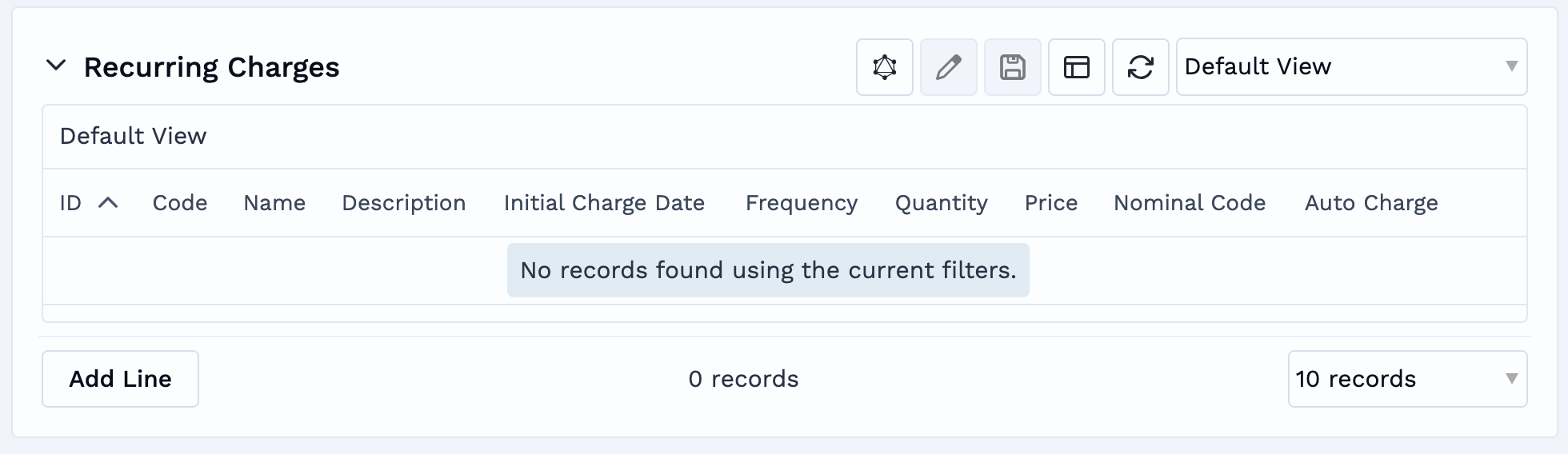 The Recurring Charges panel on a charge card with no charges added