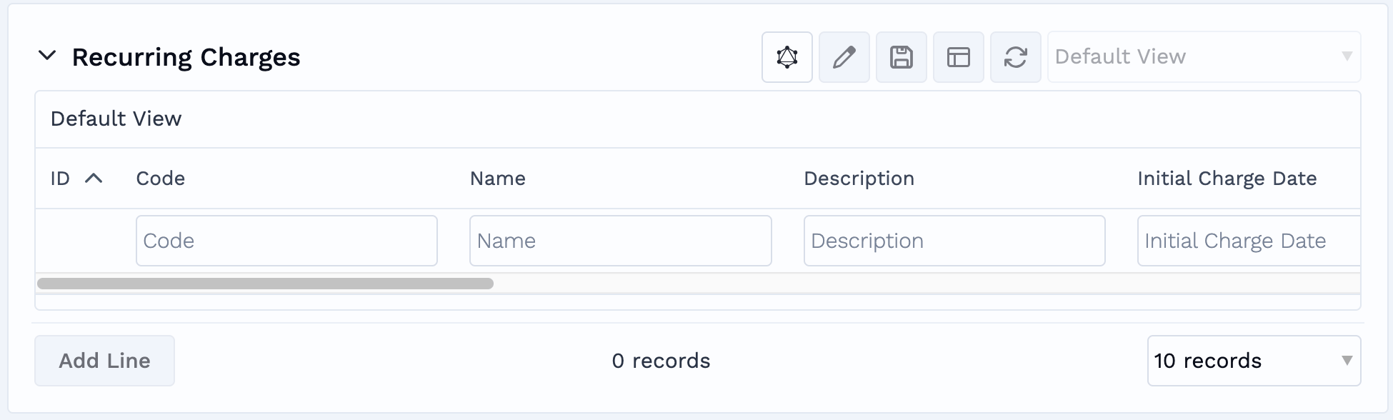 A new recurring charge line ready for entry, with the Code, Name, Description and Initial Charge Date fields
