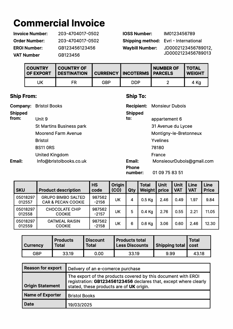 Commercial invoice example