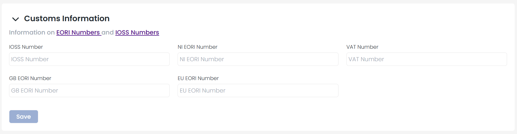 Customs information tab in account settings