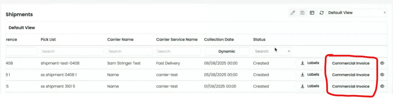 Commercial Invoice column in shipments