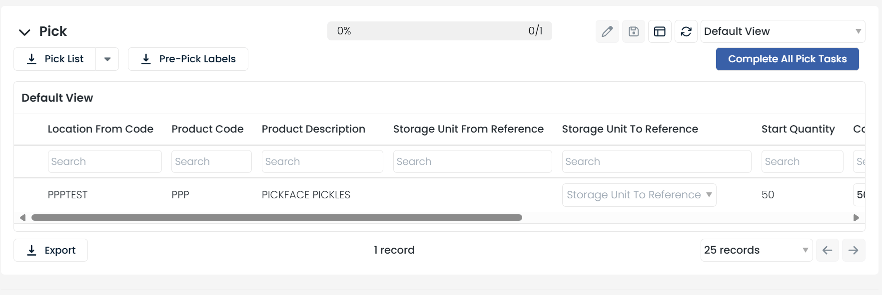Pick task details showing pickface enforcement