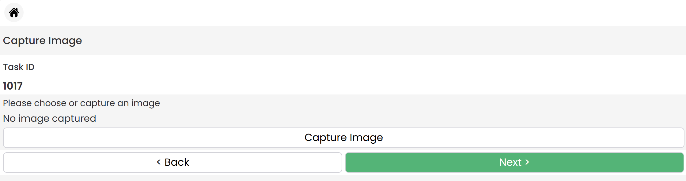 HHD task ID screen with Back, Next, and Capture Image options