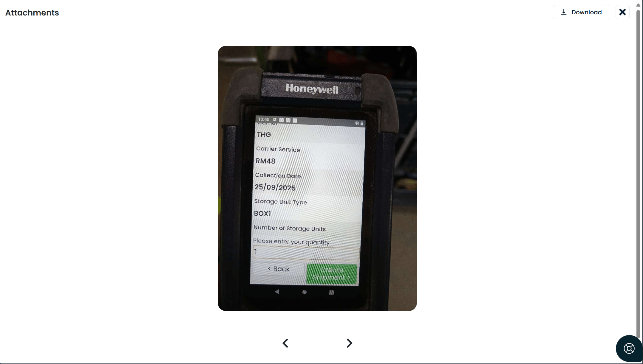 Attachments screen with image navigation arrows and Download button