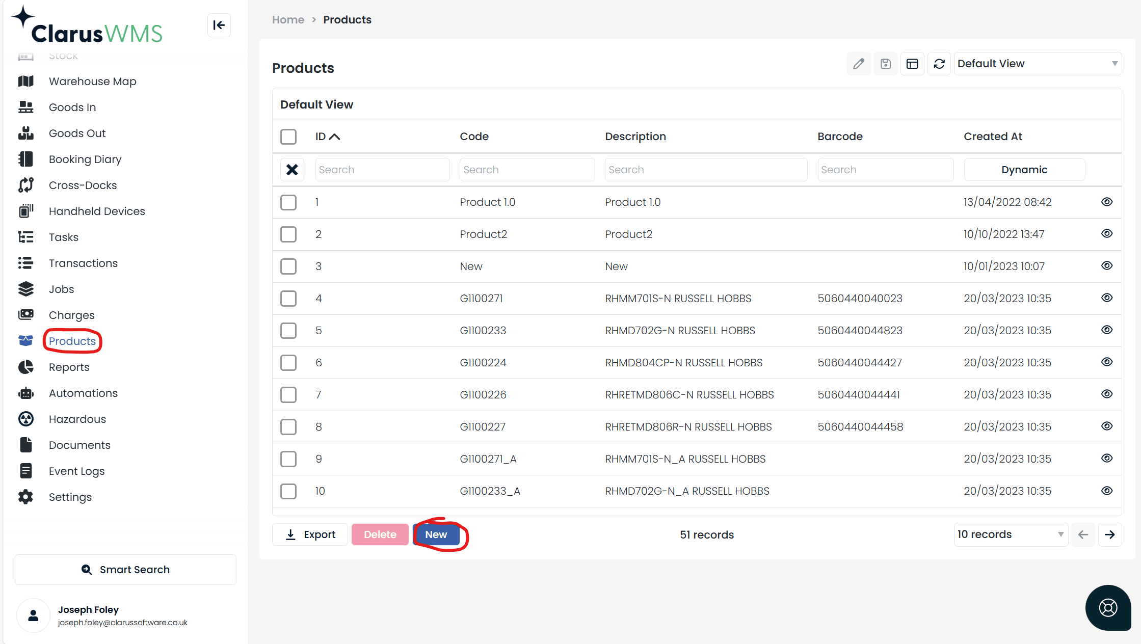 Creating a new product in the Products menu
