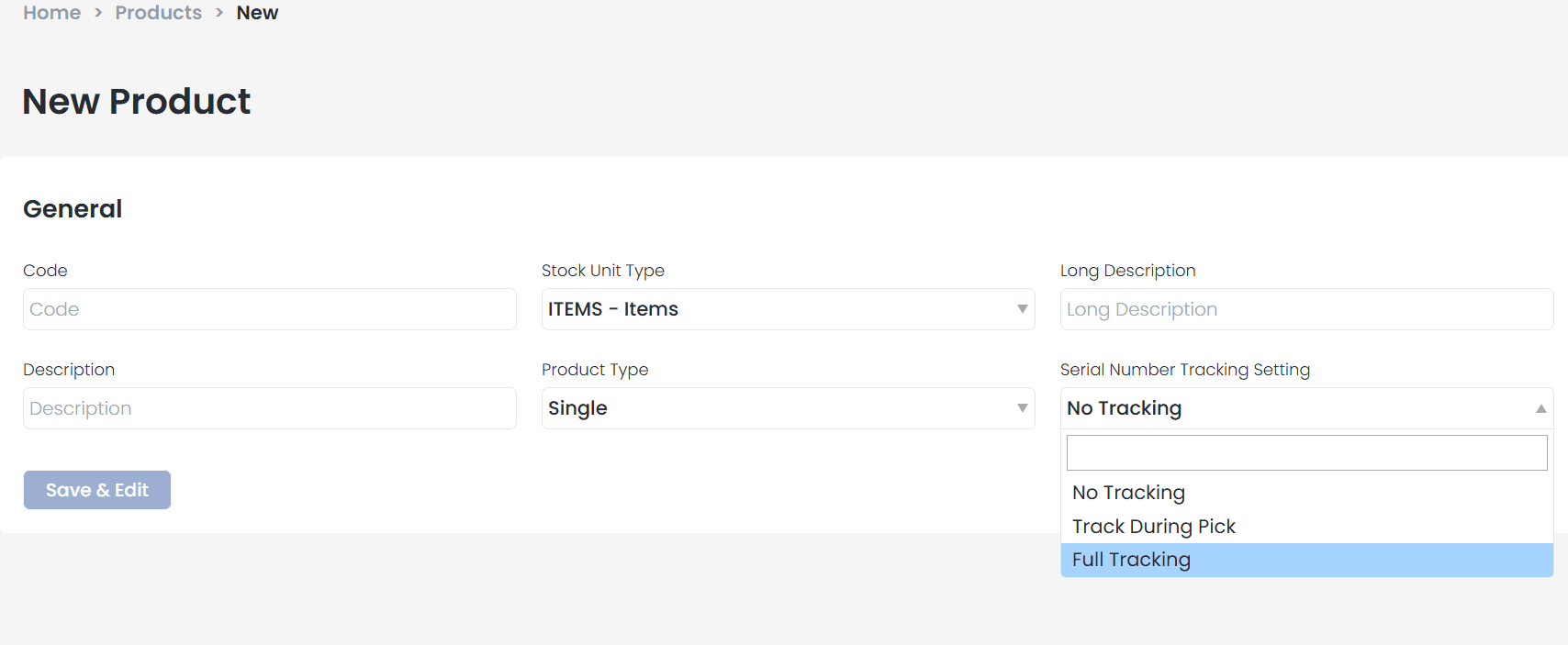 Serial Number Tracking Setting field with tracking type options