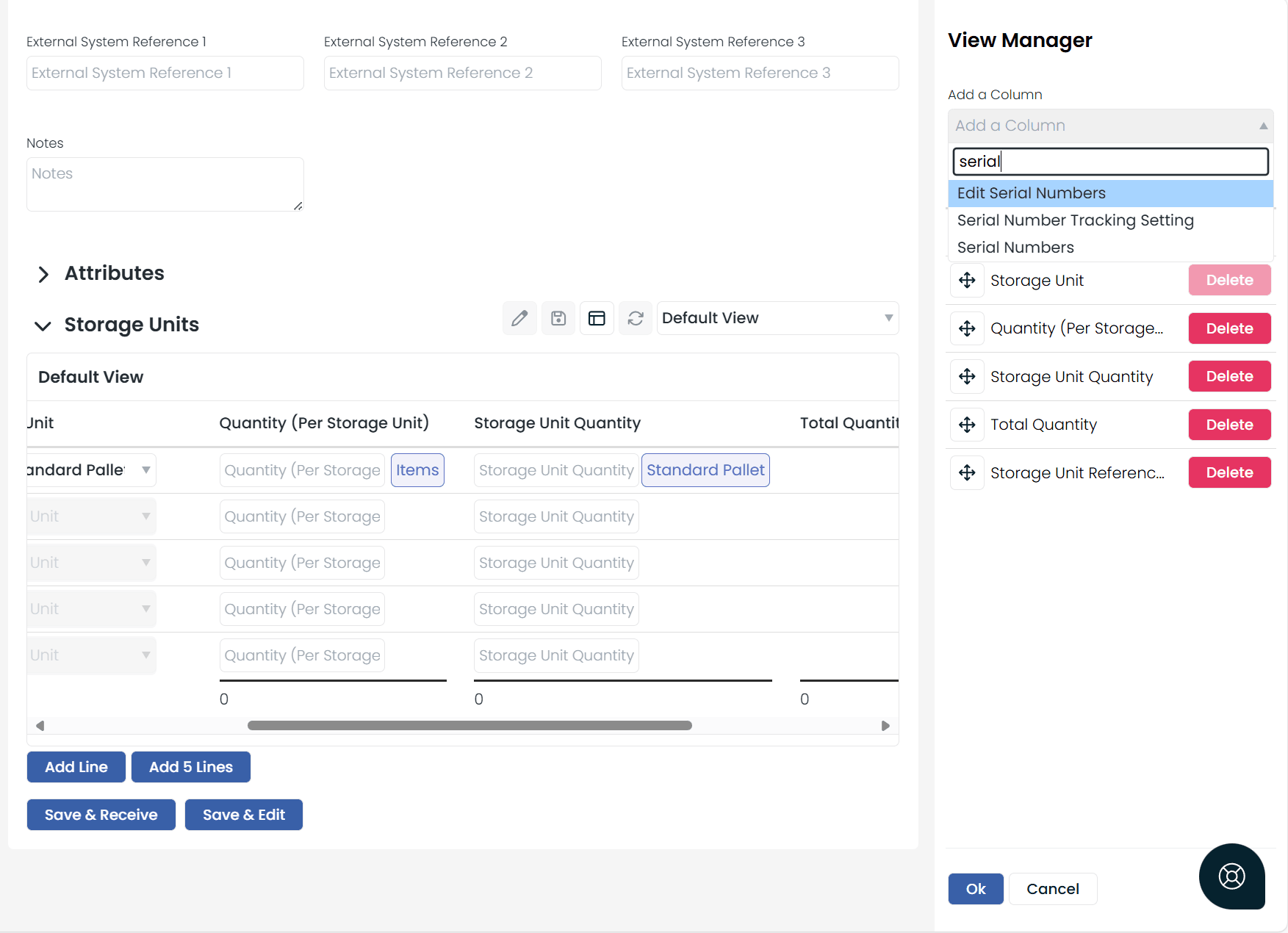 View manager showing serial number tracking fields during pre-receipt setup