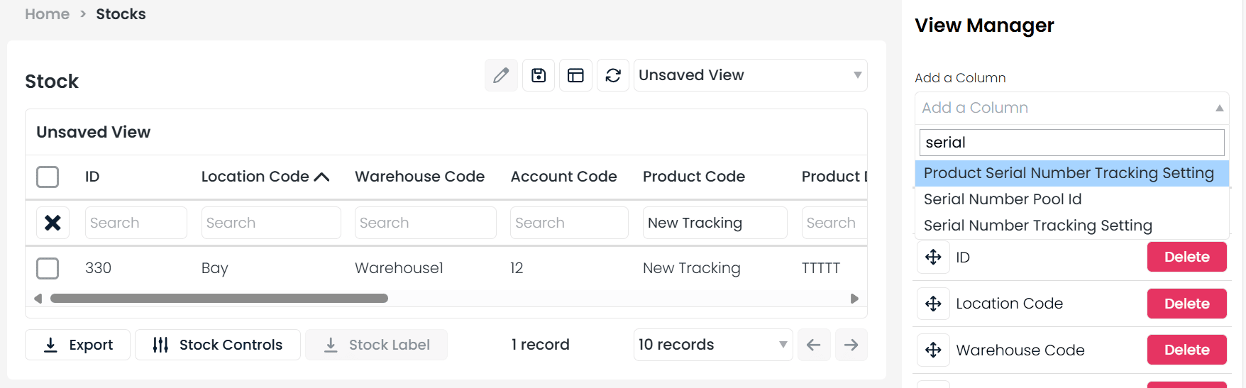 Stock List view showing serial numbers and tracking types