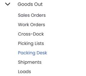 Goods Out menu showing Packing Desk option