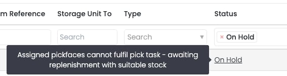 Hovering over the On Hold status to display the hold reason