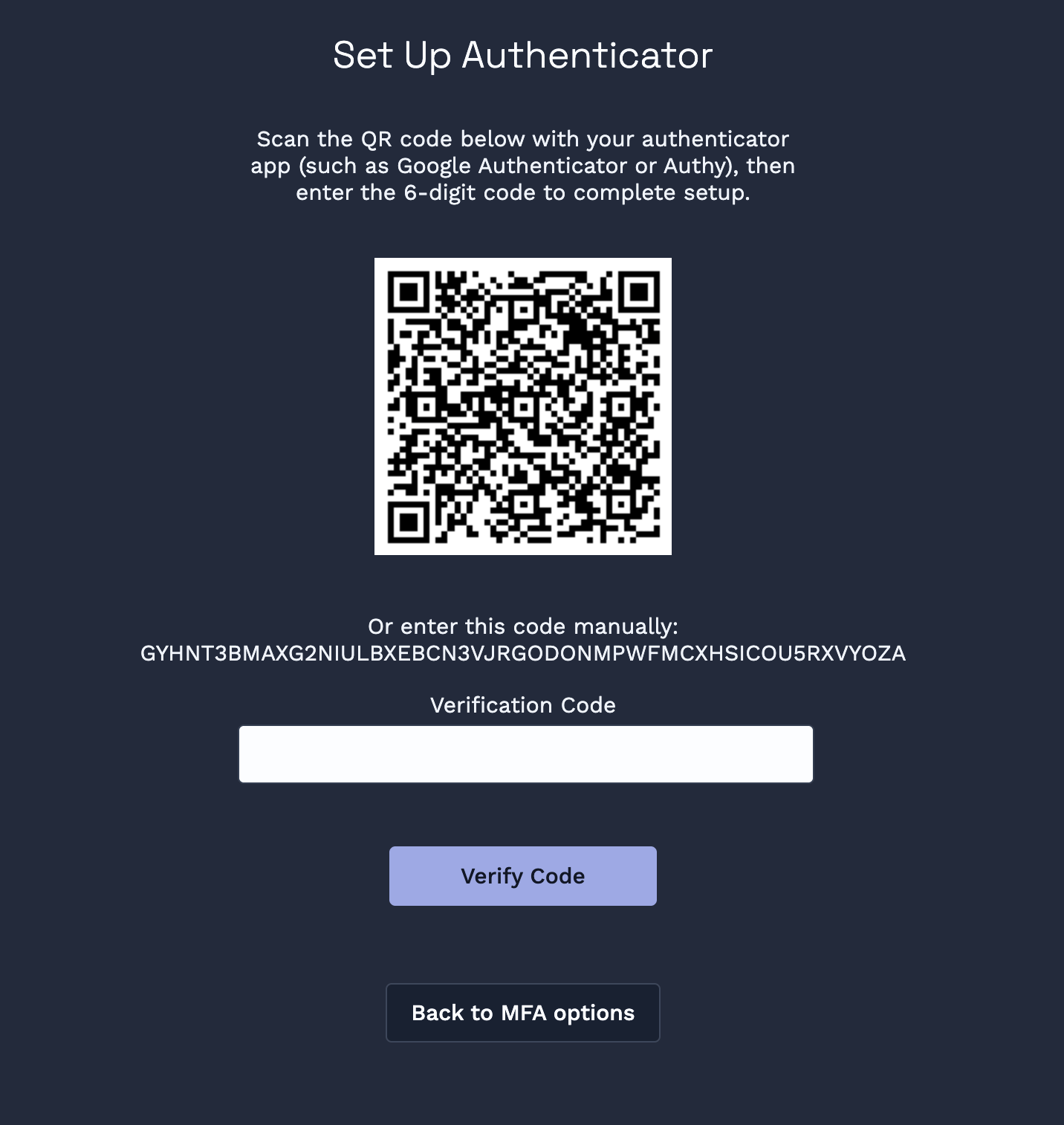 The Set Up Authenticator screen showing a QR code, a manual setup code beneath it, and a Verification Code field with a Verify Code button.
