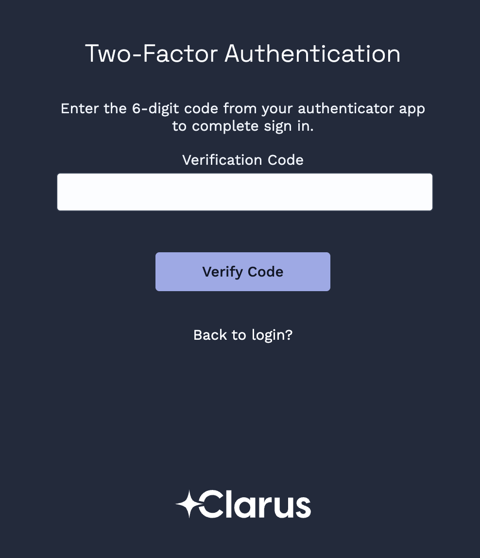 The Two-Factor Authentication sign-in screen with a Verification Code field and a Verify Code button.